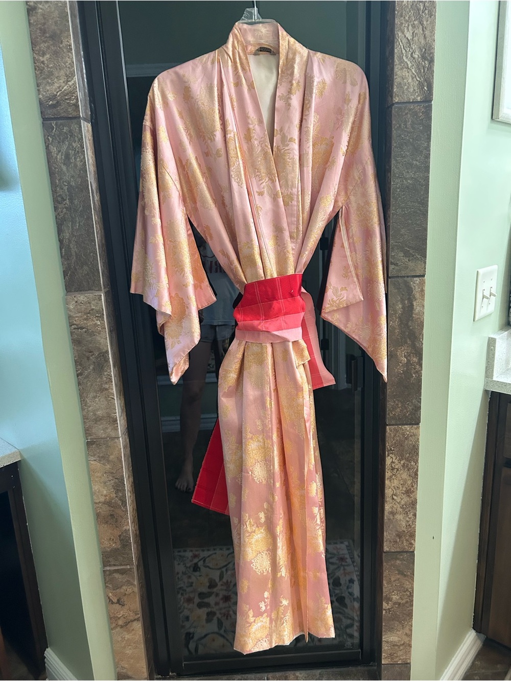 Silk Pink & Gold Floral Kimono with Red Obi